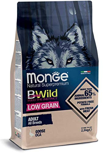 Monge BWILD Adult Goose, Comida para Perros para Todas Las Razas (alimento seco para Perros con Carne de Ganso, Comida Seca para Perros con Poco Cereal, Muy Rica en Fibra y vitaminas, Contenido: 2,5