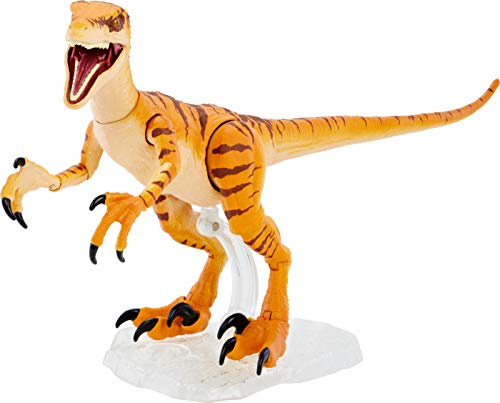 Mattel Jurassic World Toys Amber Collection Tiger Velociraptor 6-in Dinosaur Action Figure, Movie-Authentic Detail, Movable Joints & Figure Display Stand, Collectible Gift 8 Years & Up