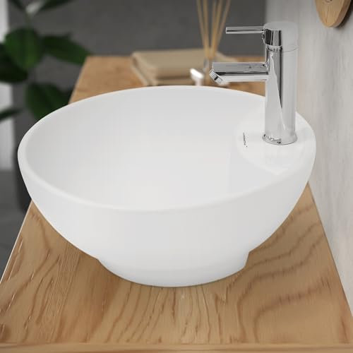 ECD Germany Lavabo Salle de Bain - Ø 455 x 185 mm - en Céramique - Ronde - Blanc - Lave-Mains Évier - Lavabo Vasque à Poser sur Meuble - Design Moderne