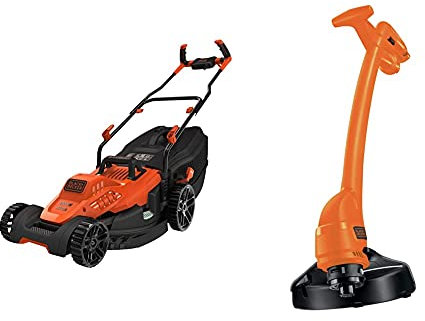 BLACK+DECKER Tondeuse Filaire 1800W, Tondeuse à Gazon Electrique 42 cm & Coupe-Bordures Filaire 350W, Coupe-Bordures Electrique 25 cm avec 2 Poignées, Déroulement du Fil par Frappe au Sol