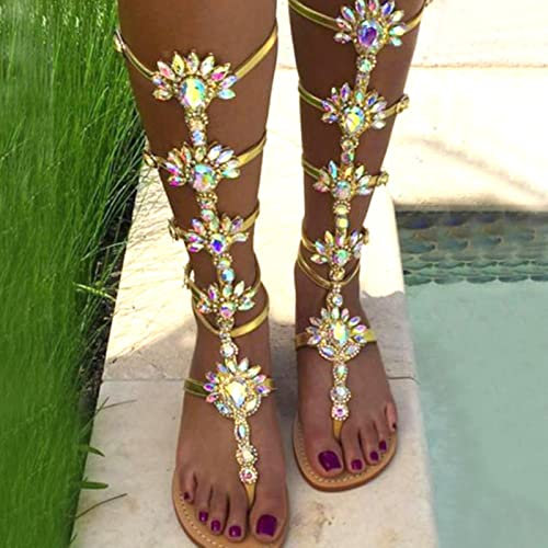 OKGD Rhinestone Romano Nuevas Mujeres Verano Nuevas Sandalias Jalizadoras Bling Rodilla High Sandalias Damas Sandalias Playa al Aire Libre Zapatos Planos-Gold,38 EU