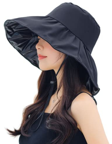 Women Summer Rain UV UPF 50 Sun Protection Wide Brim Hat - Foldable Bucket (Black)
