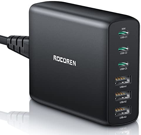 Rocoren USB C Ladegerät Mehrfach 100W, PD3.0 QC4.0 PPS Schnellladegerät Wandladegerät, 6 Ports Unabhängige Schnellladung Kompatibel mit MacBook Air, iPhone 15 Pro, iPad Pro, Galaxy S24/S23, Huawei