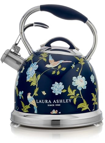 VQ Laura Ashley Elveden Navy 3L Stainless Steel Tea Kettle Stovetop Whistling Teapot for Induction, Gas Hob or others. Silicon Coated Cool Handle & Push Button Mechanism Vintage Stove Top Kettle