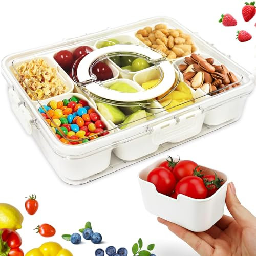 FOVHEE Snackbox mit Fächern, Snackschale mit Deckel und Griff, Snackbox Organizer mit 8 fächern, Kunststoff Unterteilung Snack Schalen for Party, Camping, Travel, für Gewürze Süßigkeiten Früchte