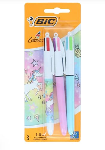 Bic – 4 färger enhörning kulspetspennor – blandade bläck (paket med 3), pastell