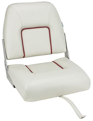 Klappsitz Schwerin, Bootssitz, Bootsstuhl, Steuerstuhl, Sitz für Boot Farbe cremeweise mit roter Biese