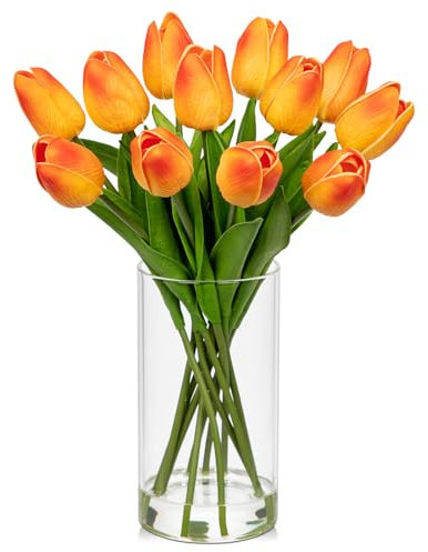 Hollyone 12 Tulpen Künstlich Wie Echt Orange Klein Unechte Blumen Tulpen im Vase Kunst Tulpen Aesthetic Gefälschte Tulpen Blumen für Haus Zimmer Hochzeit Partei Deko