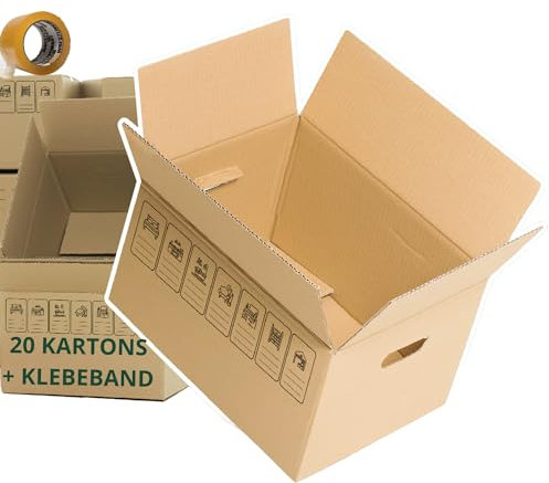 GROWMANIA Confezione da 20 scatole di cartone 30 x 30 x 50 + nastro americano regalo | scatole resistenti traslochi e stoccaggio con manici trasporto marrone | adatte per spedizioni con icone