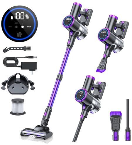 Bieiao Cordless Vacuum Cleaner, Stick Vacuum with LED Display, 2 Modes 6 in 1 Lightweight Rechargeable Cordless Stick Vacuum with 40Min Detachable Battery Vacuum Cleaner for Home Hard Floor Carpet
