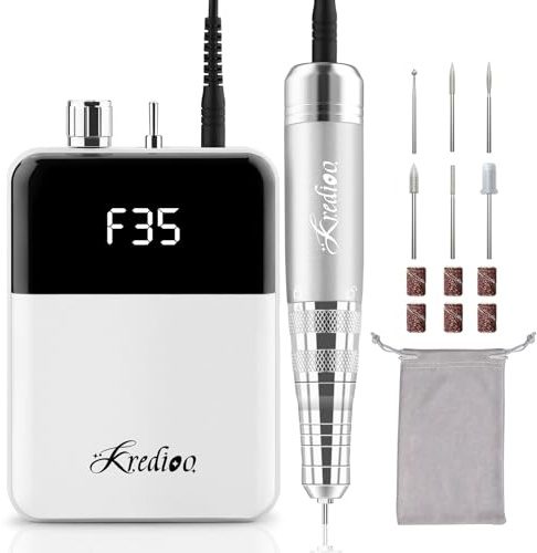 Kredioo 6 in 1 Nail Drill Machine Rechargeable, 35000RPM Electric E File with LCD Display, Manicure Pedicure Acrylic Gel Shaping Kit, for Beginner, Training, Nail Salon, Home Use (White)