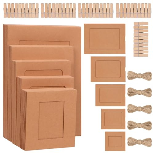 Cimeton 50Pcs Brown Paper Picture Frames 3 4 5 6 7 Cardboard Picture Frames Kit with Wooden Clips and String Paper Photo Frame DIY Cardboard Photo Frames for Wall Decor
