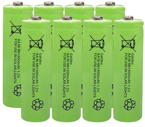 Galdex 8 Pack AA Rechargeable Solar Light Batteries 1.2V 600mAh Ni-MH Pre-Charged Double A Solar Battery for Indoor Outdoors use in Garden Lawn Lamps, String Lights (AA 600mAh, 8 Pack)