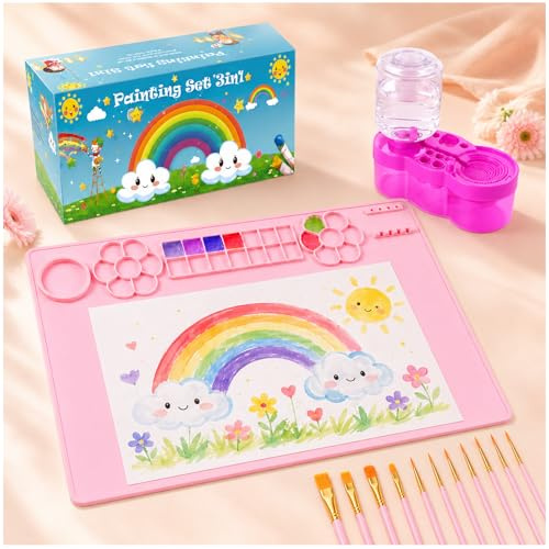 Stazione di pittura tutto in uno per bambini–Tappetino per pittura in silicone da 60x40 cm, strumento per la pulizia dei pennelli e pennelli di alta qualità, ideale per pittura acrilica e artigianato