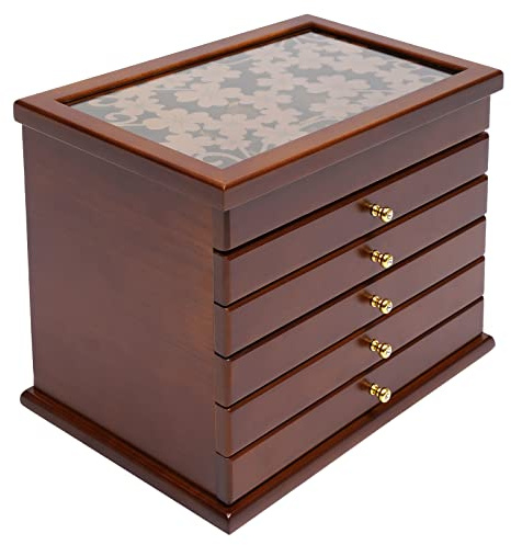 soudesileim Joyero vintage de 6 niveles, tallado a mano, para mujer, con 5 cajones, asa metálica, tapa a prueba de polvo, rectangular, almacenamiento de joyas, anillos (color madera)