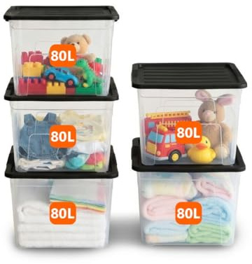 ORGANIZED Plastic Storage Boxes with Lids 80L - Pack of 5 | Large Clear Stackable Storage Containers with Black Lids, Heavy Duty Strong Durable Tubs for Home, Office, Multipurpose