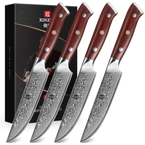 XINZUO Acero Damasco Juego de 4 Cuchillos de Bistec -Profesional Cuchillos de Carne -Afilado Hoja Recta Cuchillo de Mesa -Núcleo de Acero 10Cr15CoMoV -Mango de Madera de Rosa -con Caja de Regalo