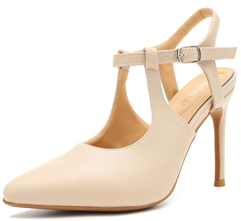 Enelauge Women's Closed Pointed Toe Heels Ankle Strap Pumps Low Kitten Heel Elegant Strappy Comfortable Office Wedding Dressy Bride Prom Shoes, 9cm-nude Matte, 6 UK
