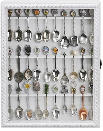 Ikee Design Wooden 30-Souvenir Spoon Display Case Cabinet, Wall-Mounted Tea Spoon Rack with Tempered Glass Door Suitable for Collection Display, Antique White Color, 13.4W x 2.6D x 15.7H in