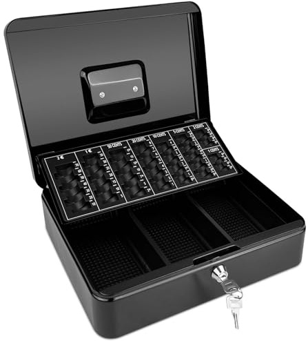 Ravytha 30x24x9CM Caja Registradora, Caja Fuerte Portatil Cerradura, Caja de Caudales con Bandeja para Monedas, Caja de Seguridad para Dinero, Caja Monedas y Billetes, Caja Metalica con Llave(Negro)
