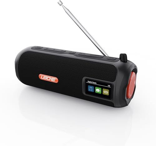 LEICKE DAB+ Radio Tube - Tragbarer Bluetooth Lautsprecher mit DAB+/FM, 4500mAh Akku, RGB-LED Lichter, 10W Stereo-Sound,Equalizer, USB-C-Ladung, Micro SD/AUX Anschluss, Netz- und Akkubetrieb, Schwarz
