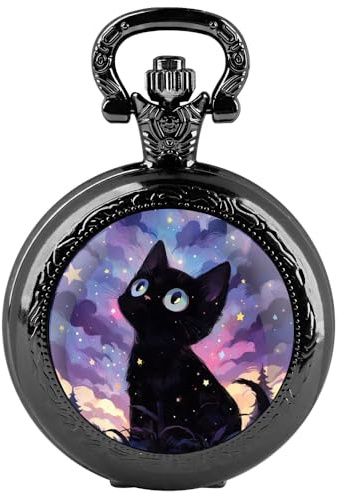 Tiong Black Cat Pocket Watch Black Vintage Steampunk Quartz Pocket Watch and Chain Gift for Christmas