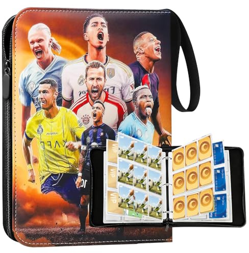 RNPKZ Fotbollskort, samlaralbum, 9 fack, 50 sidor, 900 kort, samlarkortalbum, PU, vattentätt fotbollsalbum med dragkedja och handtagsslinga, present till fotbollsfans, barn, samlare