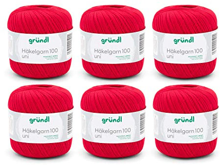 Gründl Wolle Häkelngarn 100 - dünne sommerliche Wolle zum Häkeln - Glänzend und waschbar - Baumwollgarn - 100% Baumwolle - 6 Knäuel 100 g / 566 m - Nadelstärke 1,5-2, signalrot
