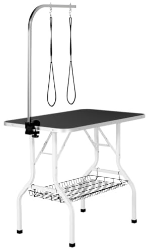 costoffs Foldable Pet Dog Grooming Table with Basket Adjustable Arm Double Tether Salon Table for Small Medium Dogs/Cats 160cm High Black