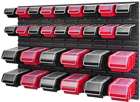 PAFEN Stacking Box Wall Shelf – 1158 x 780 mm – Storage System 30 Pieces Boxes with Lid – Storage Shelf, Storage Boxes, Storage Boxes, Storage Shelf, Red/Black
