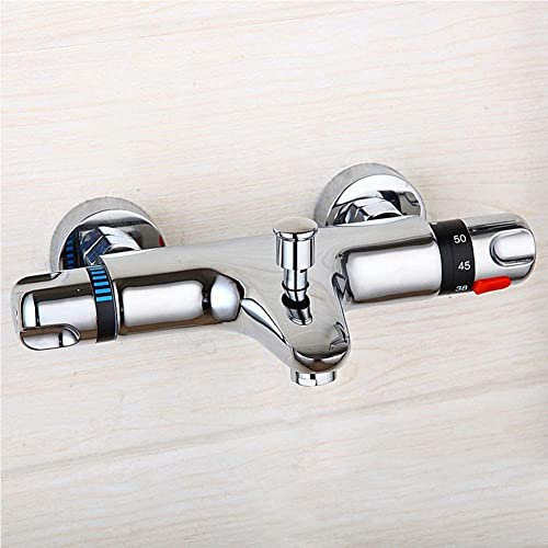 Chrom Badewannenarmatur Thermostat, Wannenarmatur Thermostat Messing, Mischbatterie Dusche Thermostat mit 38 °C Sicherheitstaste, Duscharmatur Verbrühschutz 20-50℃, 2 Wasserauslässen