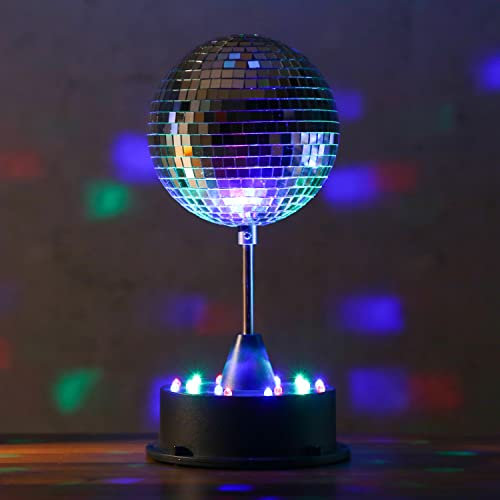 Boule à facettes LED de 13 cm avec pied - 18 LED colorées - Fonctionne avec piles et USB - Argenté