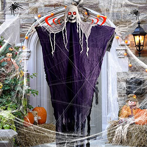 Décoration Halloween Squelette Horreur, 1.8M Halloween Decoration Effrayante avec Yeux LED, Effrayante Les Fêtes Accessoires Squelettes, Fantôme à Suspendre Jardin, Deco Halloween pour Maison Hanté