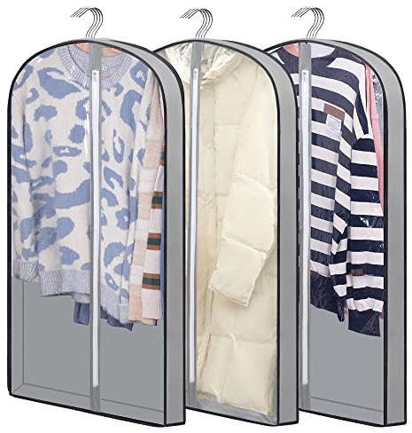 laeeyin Garment bags Suit cover bags for hanging clothes 100cm, Moth Proof Dress Bag Covers Damp-proof Suit Storage Bag Clothes, Plastic Protector for Jacket, Coat, Sweater, Shirts 3 Packs (Grey)