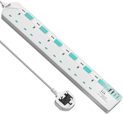 SE UKASE Extension Lead with USB Slots(5V/5A),USB Timer, 6 Way Plug Sockets with Individual Switches USB and Type C, Wall Mount Design with 2M Extension Cable 2990W