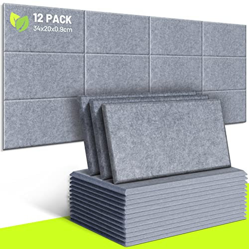 CAHAYA Lot de 12 panneaux acoustiques de 9 mm d'épaisseur rembourrés sans adhésif arrière 34 x 20 cm Panneau d'isolation acoustique Panneaux de réduction du bruit insonorisants CY0313-4 Grey