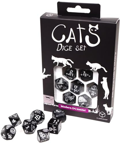 Q WORKSHOP Cats Modern Dice Set Waffle: 7-Piece Polyhedral Plastic Dice in Black & Silver with Cat Themed Designs