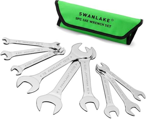 SWANLAKE 9-piece Super-Thin Open End Wrench Set, SAE 1/4, 9/32, 5/16, 3/8, 11/32, 13/32, 7/16, 1/2, 9/16, 11/16, 5/8, 19/32, 3/4, 13/16, 7/8, 15/16, 1, 1-1/16 with Rolling Pouch