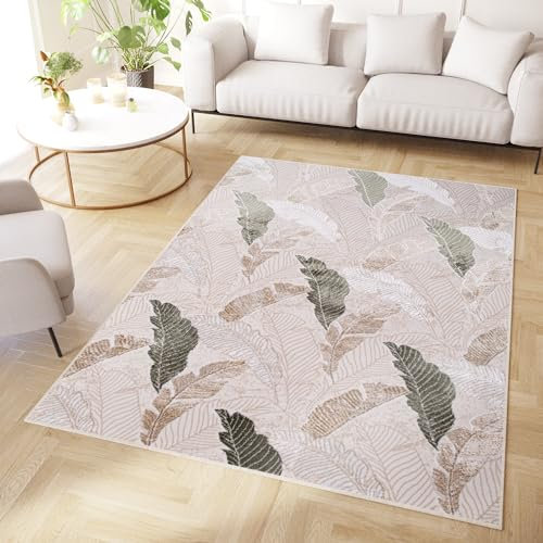 TAPISO Crystal Teppich Kurzflor Glänzend Grün Braun Beige Weiß Vogelfeder 3D Effekt Wohnzimmer Schlafzimmer Modern Design ÖKO-TEX 250 x 350 cm
