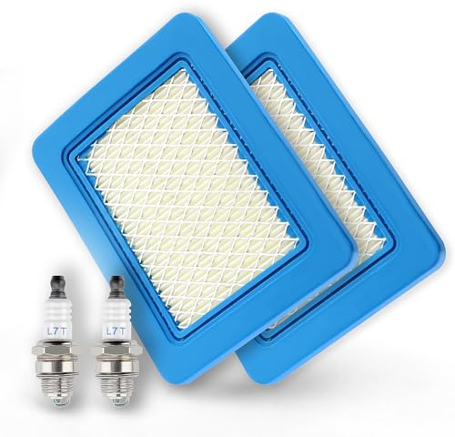 VooGenzek 2 ST Gräsklippare Luftfilter och 2 ST Tändstift L7T, Gräsklippare Tändstift, 491588S Luftfilterpatron, Kompatibel med Briggs och Stratton 491588 491588S 4915885 399959 PT15853