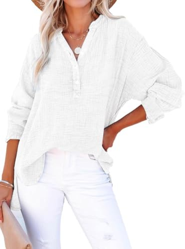 PADOLA Chemisiers et Blouses Femme Gaze de Coton Chemisier Femme Chic et élégant Chemise Henley Manches Roulées Décontracté Tunique Bouton Blouse Couleur Uni Tee Shirt été Haut Top (0 Blanc, L)