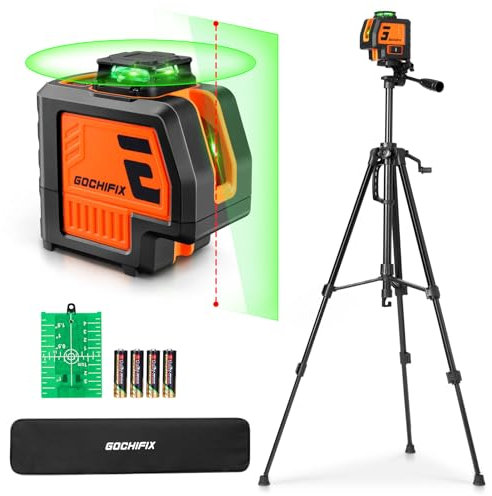 GOCHIFIX Nivel láser de 5 líneas láser verde con 2 puntos de plomada, láser autonivelante de líneas cruzadas con trípode, nivelador láser con líneas horizontales y verticales para interiores