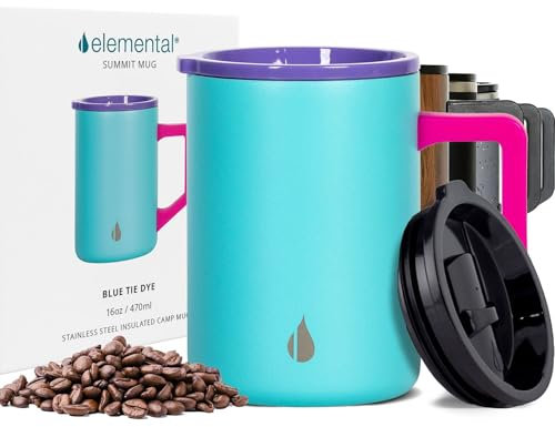 Elemental Insulated Coffee Mug - Triple-Wall Stainless Steel Summit Travel Cup for Hot and Cold Drinks - Thermal Coffee Mug with Lid and Handle for Camping, Office & Travel 470ml - Blue Tie Dye