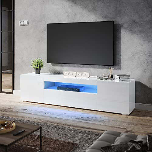 ELEGANT 200cm LED TV Unit White Gloss Modern TV Stand Cabinet with Ambient RGB Lights for 50 52 55 60 65 75 85 inch 4k TV Living Room and Bedroom Furniture with Storages and Shelves