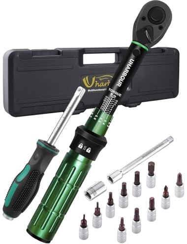 Uharbour 1-15Nm Drehmomentschlüssel Set für Fahrräder, 1/4 Drehmomentschlüssel Fahrrad Drehmomentschlüssel Set mit Bits, Schraubendrehergriff und Verlängerungsstange für Fahrrad, ±3% Fehlergenauigkeit