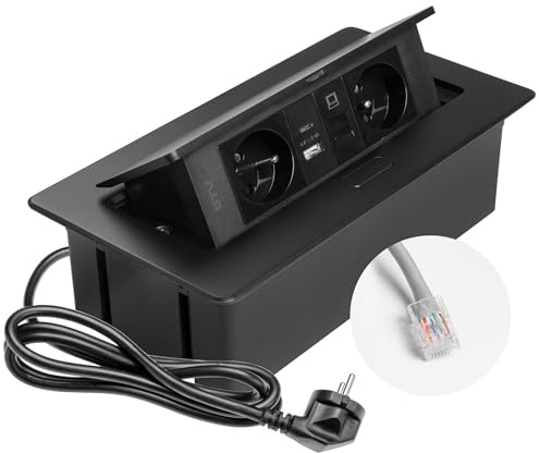 GTV – Inbyggt uttag MULTISOFT svart med 2 x uttag med jordning, USB A+C, RJ45, infällbar med lock, 1,5 m kabel, för kök, kontor, konferens- och arbetsbord