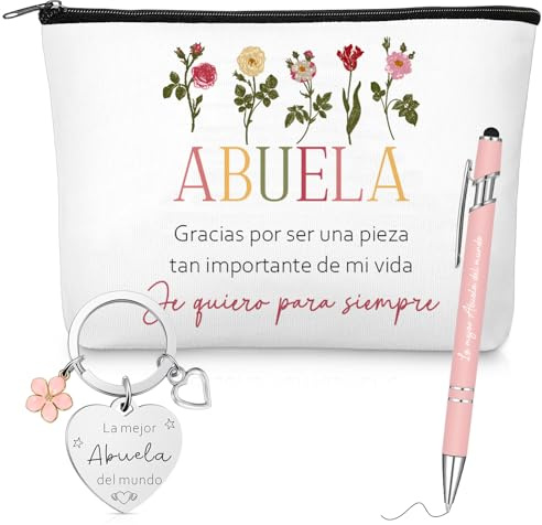 Geiserailie 3 Piezas Regalo para Abuela Neceser de Maquillaje Bolsa de Cosméticos Llavero Bolígrafo de Bola la Mejor Abuela del Mundo Regalo Original para Cumpleaños Día de la Madre Mamá Navidad