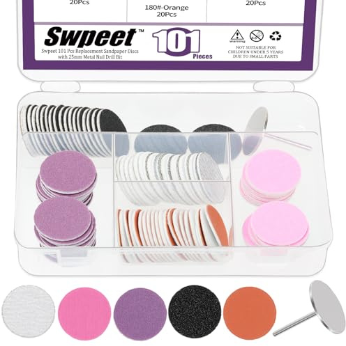 Swpeet 101Pcs 5Colors 80# 120# 150# 180# 240# Grids Sostituzione del disco della carta da levigatura con il kit del trapano del chiodo in metallo, dischi di carta da levigatura, dischi di levigatura