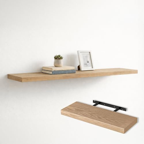 MAKA Mensole da Parete in Mdf con Staffe a Scomparsa – Mensola Moderna Salvaspazio 60/80/90 cm – Colore Rovere, Bianco o Grigio – Spessore 4 cm – Mensole Decorative (Rovere, 90 cm)