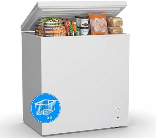 5.1 Cu.Ft Chest Freezer, Small Compact Deep Freezer with Adjustable 7 Thermostat,2 Removable Baskets, Energy Saving, Quiet Top Open Door Mini Meat Freezer with LED Light for Garage Outdoor Home Office